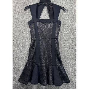 BCBGMAXAZRIA Noelle Fitted Sequin Flounce Dress Square Neck Party Black Womens 0